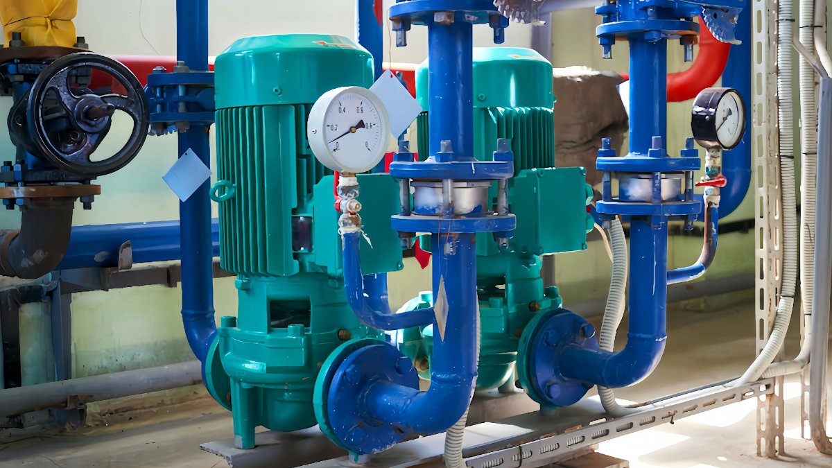 Vertical inline centrifugal pumps with valves and gauges