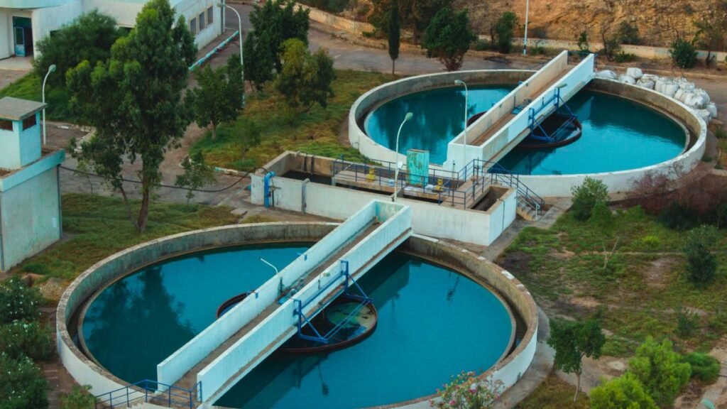 Aerial view of clarifiers at a wastewater treatment plant